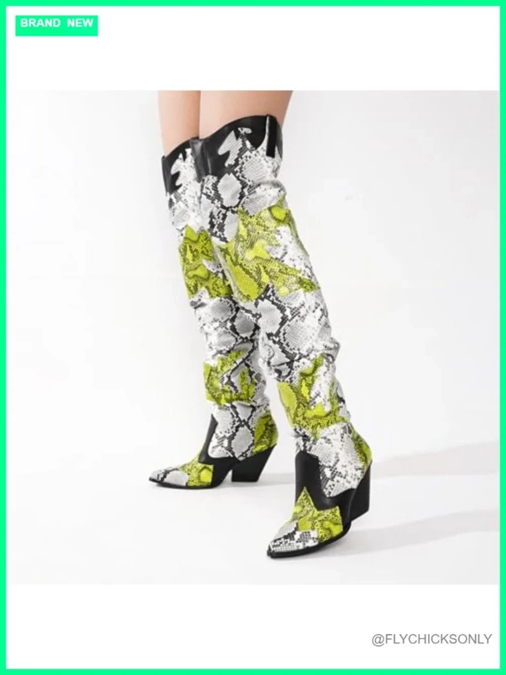 Thigh High Cowboy Boots Chunky Heel Faux Snakeskin Western Booties Block Heel